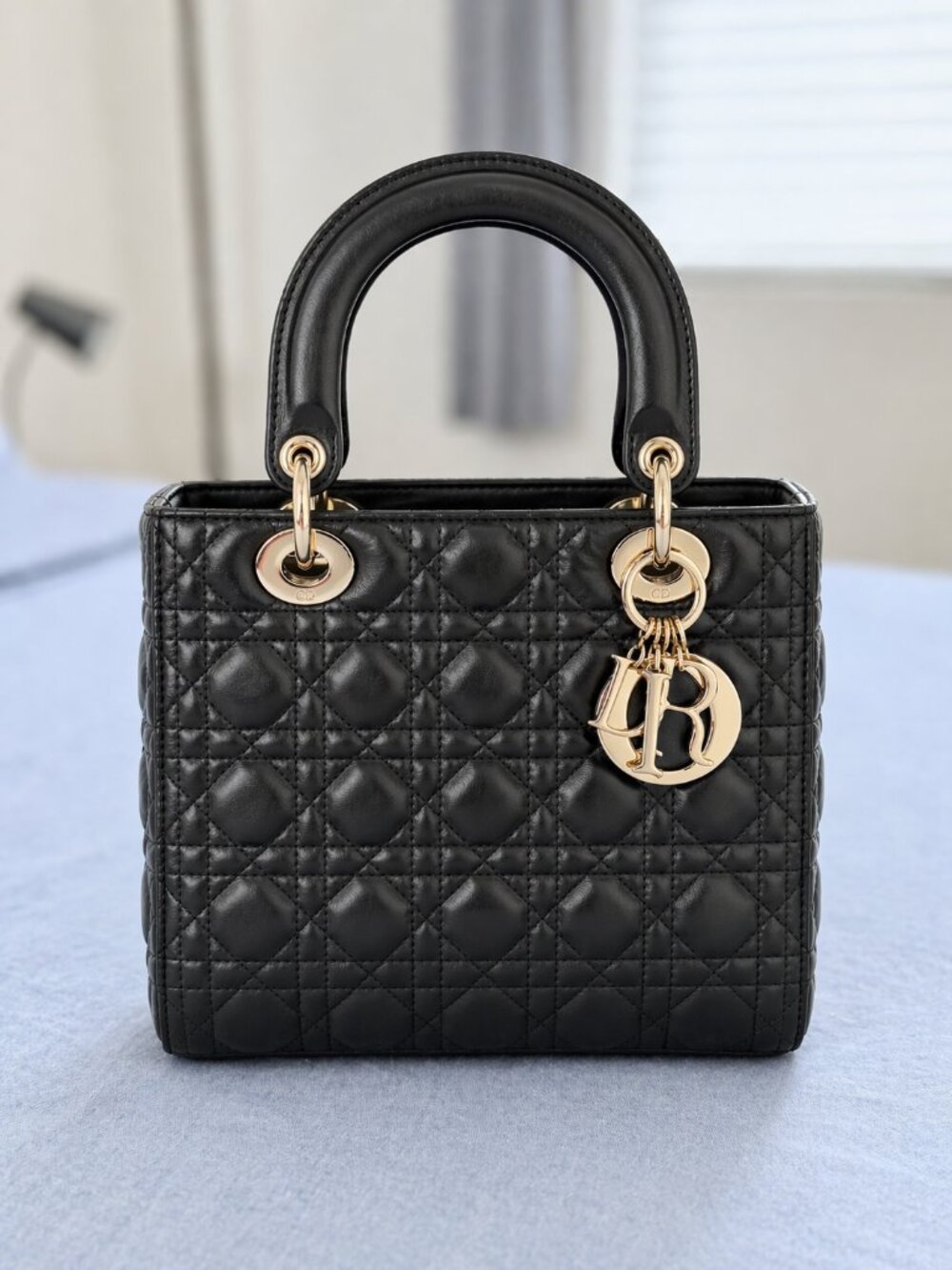 Dior Lady Dior medium Black Bag Light Gold Champagne Hrdwr Impeccable condition